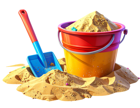 Colorful Bucket and Shovel on Beach Sand