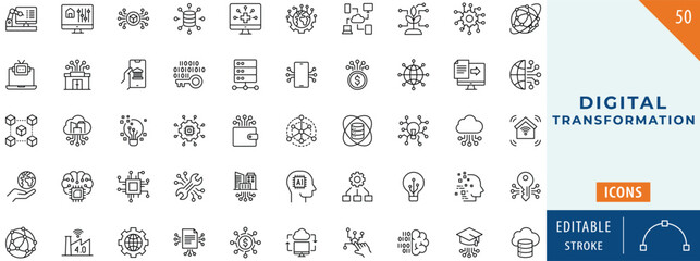 Digital transformation icon collection set. Editable stroke.
