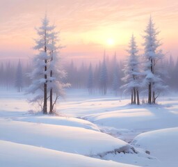 Obraz premium Minimal winter landscape with snow covered trees under pale sunrise
