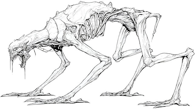 Creepy skeletal monster sketch, a gaunt alien creature design for horror, sci-fi, and dark fantasy concepts