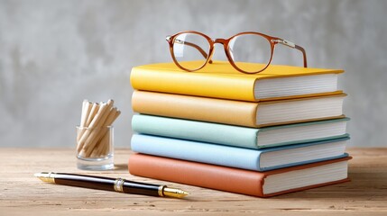 A stack of colorful books with glasses on top, a pen, and a glass holder with wooden sticks, arranged neatly on a wooden surface.