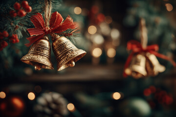 Golden Christmas bells with red ribbon hanging on pine branch against warm bokeh festive background creating elegant cozy holiday mood