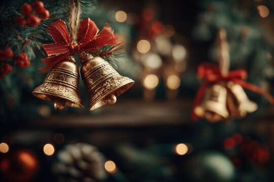 Golden Christmas bells with red ribbon hanging on pine branch against warm bokeh festive background creating elegant cozy holiday mood
