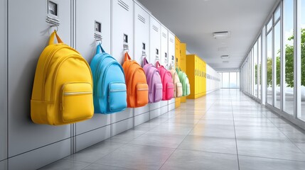 A colorful row of backpacks hangs on school lockers in a modern hallway, showcasing a vibrant and organized educational environment.