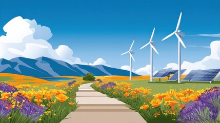 A picturesque landscape featuring wind turbines and solar panels amidst vibrant flowers and mountains under a bright blue sky.