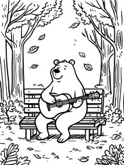 Bear playing guitar on a bench under falling leaves. Whimsical, line art perfect for coloring.