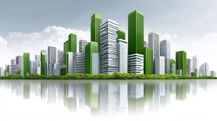 A futuristic city skyline with green accents, showcasing a blend of modern architecture and eco-friendly design elements.
