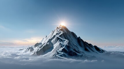 Majestic mountain peak rises above the clouds, illuminated by sunlight, showcasing a winding path toward its summit.