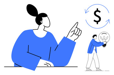 Woman gesturing at dollar sign with circular arrows and a man carrying a lightbulb. Ideal for finance, innovation, teamwork, entrepreneurship, success, sustainability, creative solutions. Simple flat