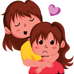 Two Cartoon Girls One Hugging the Other Affectionately With Eyes Closed and a Pink Heart Floating Above Their Heads Transparent Background