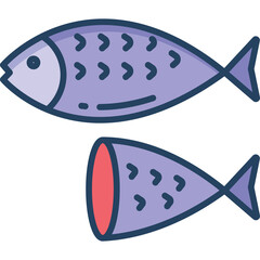Two cartoon purple fish one whole one sliced showing red inside on a white background with blue outlines and accents