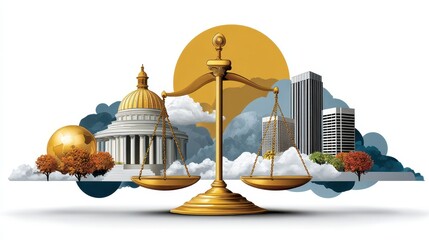 A balanced scale in front of a cityscape, symbolizing justice and law, with buildings and a globe in the background.