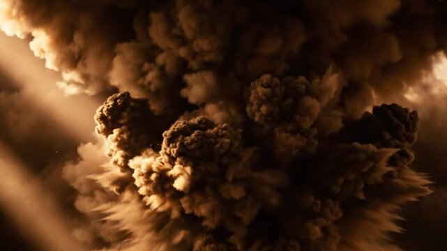 A large voluminous plume of dark smoke fills the frame with streaks of light penetrating the left side suggesting a massive explosion or volcanic eruption