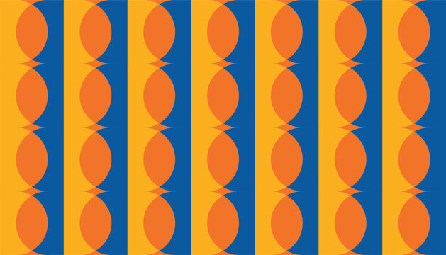 Seamless geometric pattern with vertical stripes in orange, yellow, and blue featuring overlapping circle shapes. The bold and retro-inspired design evokes a playful mid-century modern aesthetic