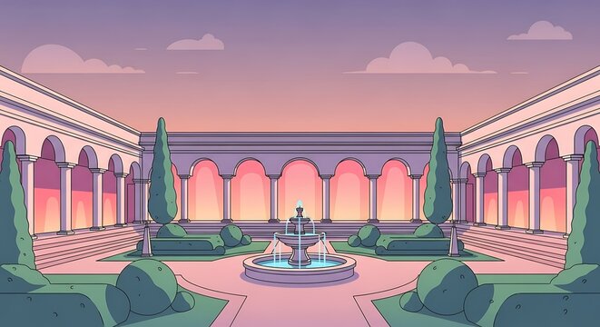 Tranquil courtyard with arched colonnade and ornate fountain display - Powered by Adobe
