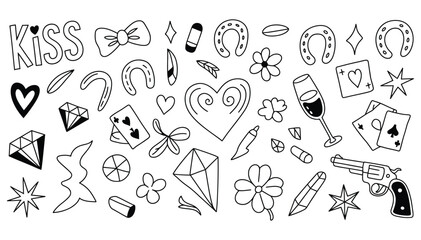 Lucky doodles pattern for creating unique designs featuring hearts, diamonds, horseshoes, cards, flowers, stars, and a revolver, perfect for playful branding and trendy lifestyle projects
