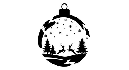 Black and white christmas ornament with deer and trees inside editable vector file