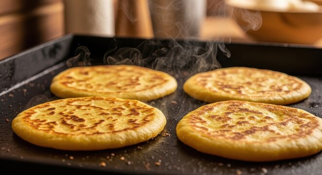 Steaming Hot Moroccan Batbout Flatbreads Cooking on a Griddle