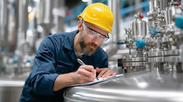 Diligent Inspection: A focused engineer, donned in protective gear, meticulously documents observations, demonstrating commitment and accuracy in a large industrial setting.