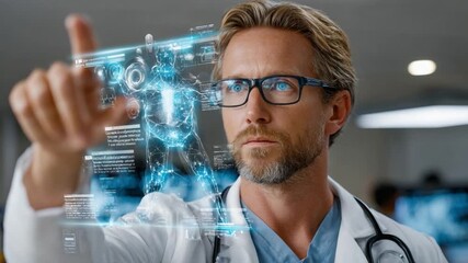Visionary in Healthcare: A focused medical professional interacts with an advanced, holographic representation of the human anatomy, illustrating technological innovation. - Powered by Adobe