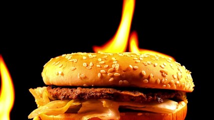 close-up. hamburger with juicy beef, Sesame Bun and Vegetables in rotating - Powered by Adobe