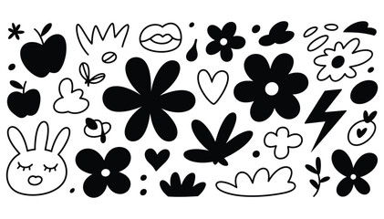 Playful doodle art featuring charming flowers, hearts, and whimsical shapes perfect for adding a touch of joyful creativity to your designs or crafts, ideal for invitations and cute projects