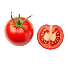 A vibrant. ripe tomato and its sliced half the juicy interior. set against a clean white background. perfect for culinary or health-related visuals