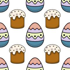 Seamless vector pattern featuring stylized Easter cakes and decorative eggs with pastel colors and playful sprinkles.