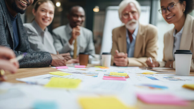 Diverse business team discussing sustainability strategy in office meeting.