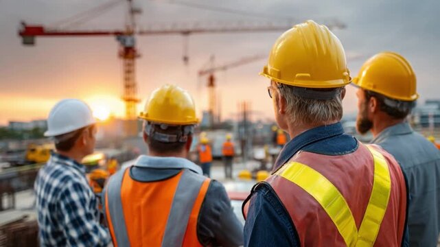 Construction Team: A construction team is seen at work, their hard hats and safety gear signifying their commitment to build and create, their gaze fixed on the expansive structure ahead.