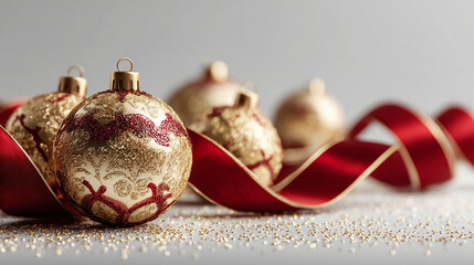 Golden and red christmas ornaments with ribbon on white background festive elegant holiday concept
