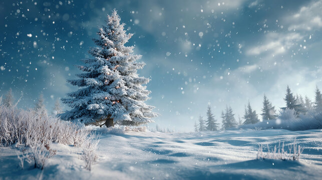 Single pine tree in snowy winter field with falling snow under blue sky calm christmas landscape