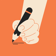 Hand Drawing with Pencil. Line illustration. Simple style. Hands writing. Holding a pencil