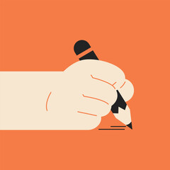 Hand Drawing with Pencil. Line illustration. Simple style. Hands writing. Holding a pencil
