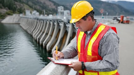 Engineer at the Dam: A dedicated engineer, clad in safety gear, meticulously reviews plans near a towering dam, highlighting expertise and precision in the construction of essential infrastructure.
