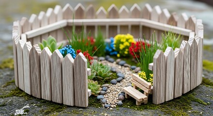 Intricate miniature fairy garden with wooden elements and vibrant florals