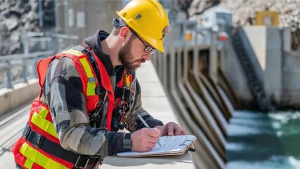 Engineer in Action: An engineer, clad in safety gear, meticulously documents observations on site, showcasing a commitment to precision and expertise in construction.