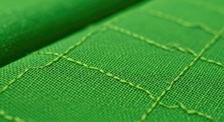 Close-up of green fabric with stitched grid pattern.