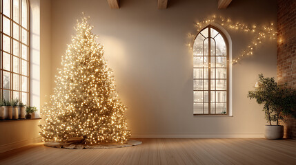 Cozy living room with glowing christmas tree decorated with warm lights in modern interior holiday atmosphere