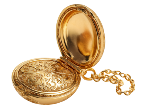 Open Vintage golden Locket with Oval Frame and Engraved Floral  PNG