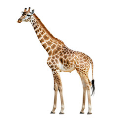 Fototapeta premium A majestic giraffe stands gracefully against a white background. its long neck and unique coat pattern. perfect for educational materials or wildlife conservation campaigns