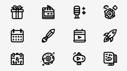 Modern Outline Icon Set: Gift, Calendar, Microphone, Rocket, Paintbrush, Media, Technology, Schedule, Event, Creative, Universal Symbols