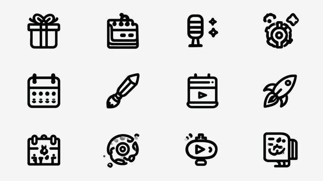 Modern Outline Icon Set: Gift, Calendar, Microphone, Rocket, Paintbrush, Media, Technology, Schedule, Event, Creative, Universal Symbols - Powered by Adobe