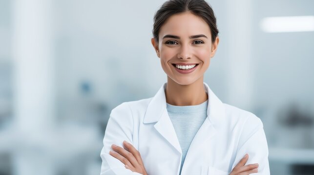 In a well-lit laboratory setting, a woman in a white lab coat stands confidently with her arms crossed, smiling warmly. She radiates professionalism and enthusiasm for her scientific work
