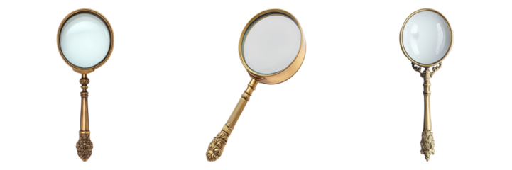 Close-up view of three vintage magnifying glasses with detailed design 