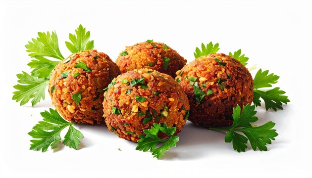 Golden brown falafel balls garnished with fresh parsley rest on a white surface. Speckled with herbs, the dish highlights texture, flavor, and Middle Eastern vegetarian appeal.