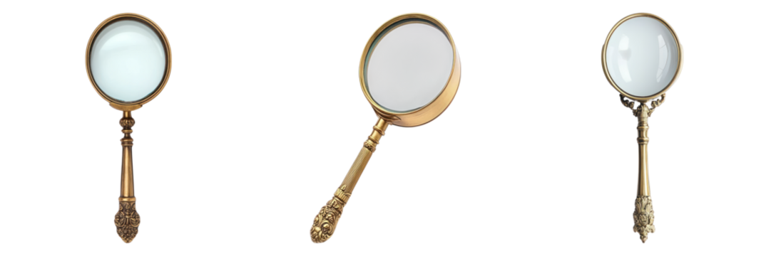 Close-up view of three vintage magnifying glasses with detailed design 