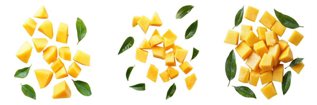 Freshly cut mangoes and leaves arranged in artistic compositions