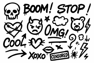 Hand-drawn graffiti doodle vector collection created in a raw, spray-painted black ink style with dripping textures and grunge edges, isolated on white background
