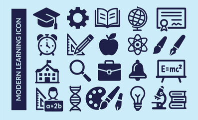 Modern Learning and Education Solid Icons Set. School and Academic Glyphs Collection.
